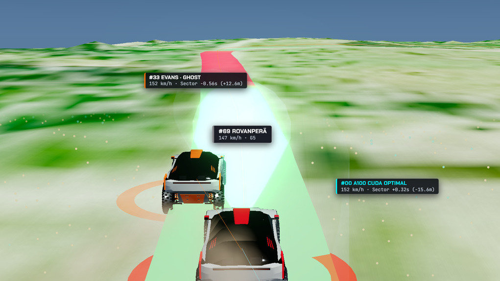 Day 1 browser Three.js WebGL telemetry ribbon prototype with blocky extruded cars