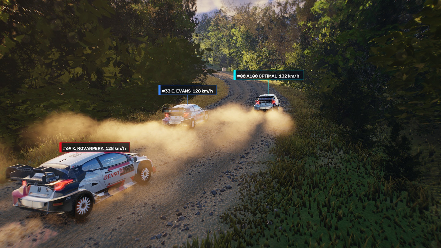 Current 682k-triangle Toyota GR Yaris Rally1 in a survey-grounded Estonian forest at golden hour