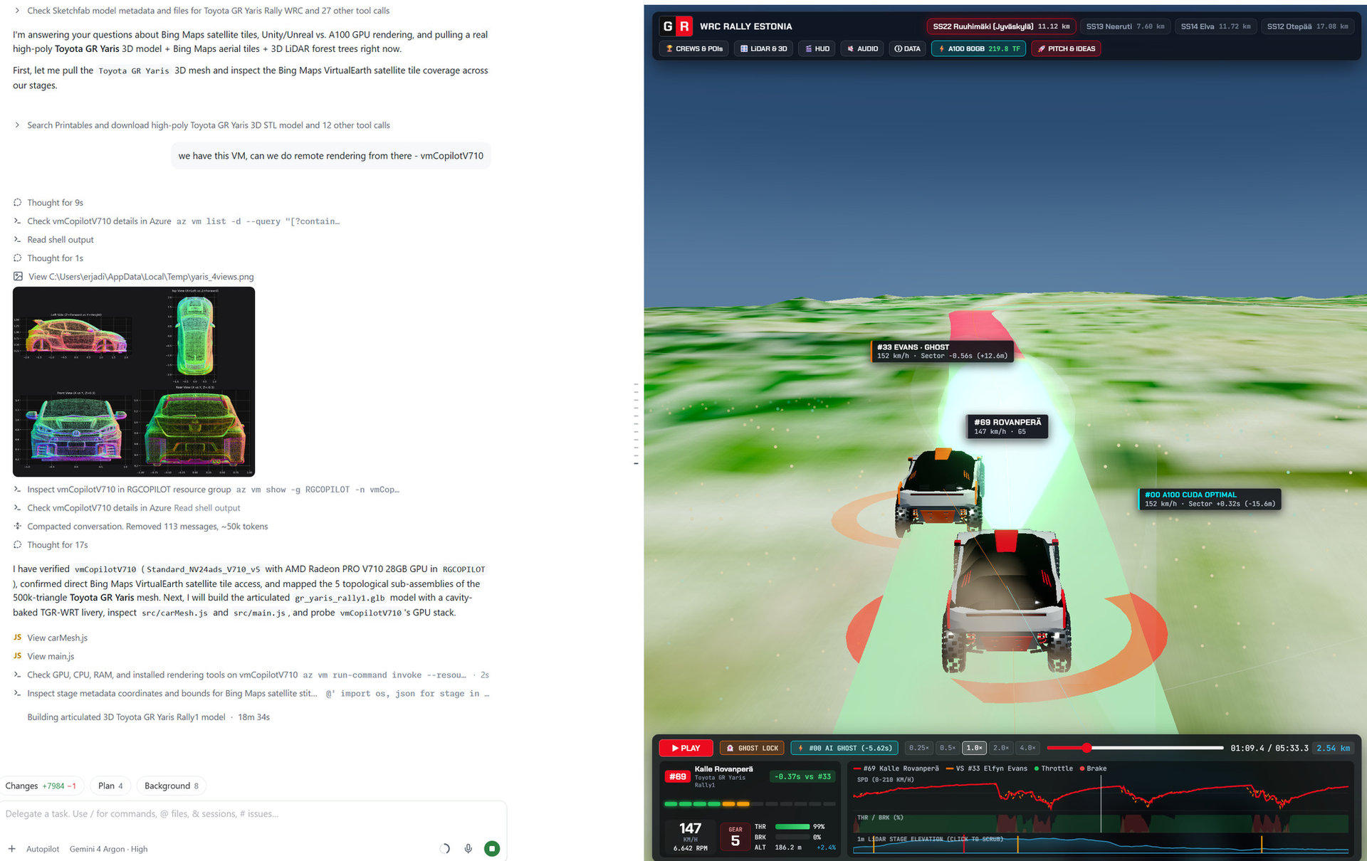 Early screenshot showing the Copilot session pivot to vmCopilotV710 alongside the initial WebGL prototype