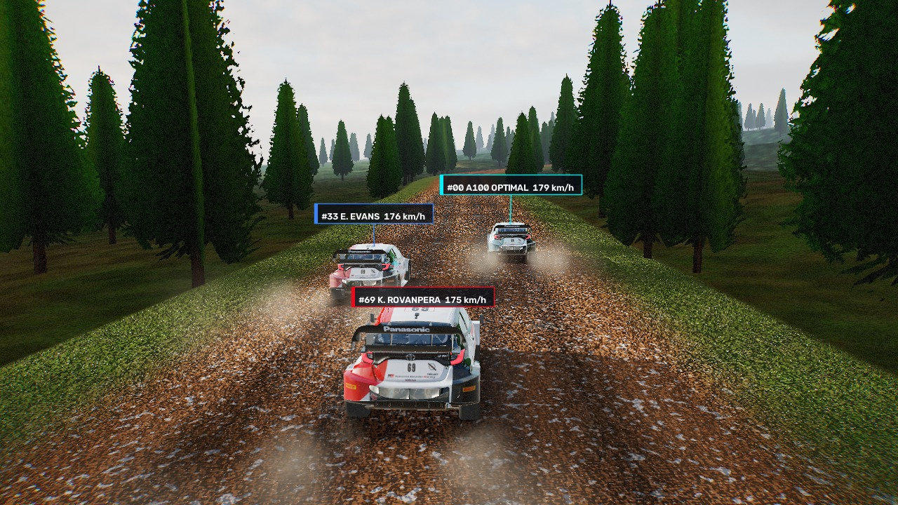 Early chase view with synthetic puddles and sparse cone/card trees